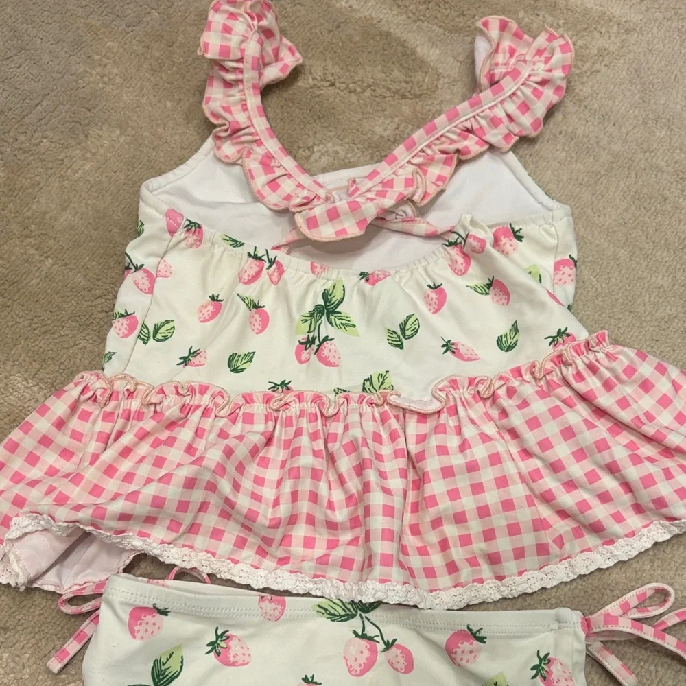 Sweet Honey- Girls Two-Piece Strawberry Print Tankini with Pink Gingham Ruffle - Picture 5 of 9